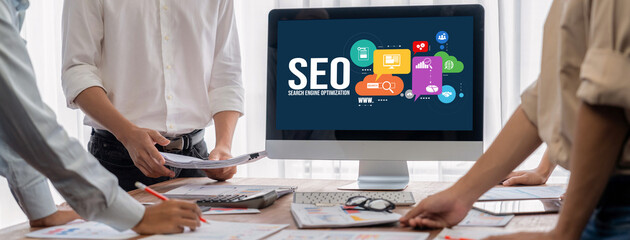 SEO search engine optimization for brisk e-commerce and online retail business showing on computer...