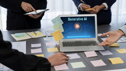 Analyst team use sticky note for creative and analytic brainstorm for business idea with BI data dashboard on laptop screen. Analysis financial data visualization tech for marketing strategy. Prodigy