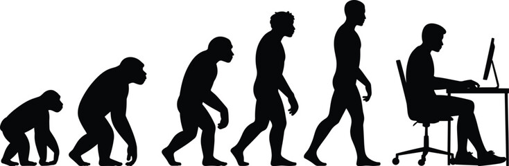 Vector silhouette of human evolution stages from primate to upright man ending with modern office worker sitting at computer desk © Ponkaj Creatives