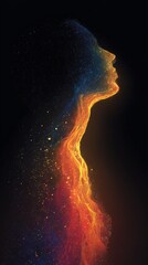 Cosmic energy flowing through human silhouette symbolic harmony between space matter consciousness vibrant minimalist art