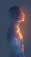 Cosmic energy flowing through human silhouette symbolic harmony between space matter consciousness vibrant minimalist art