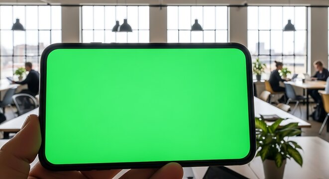 Hand holding modern smartphone horizontally with a vibrant green screen display for easy content placement, situated in a contemporary, sunlit open-plan office filled with busy working professionals - Powered by Adobe