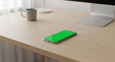 Smartphone with green screen placed on a wooden desk next to a mug and computer monitor