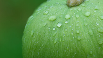 gourd. Morning dew drops on the curved surface of a round green gourd. gardening catalogs, home-decor guides, designed for home decor and floral branding, used by photographers.