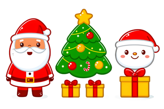 Festive christmas illustration santa claus snowman tree and gifts on black