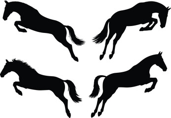 Set of four black horse silhouettes jumping and leaping vector illustration isolated on white background for equestrian sports logo design