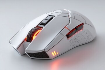 Sleek white gaming mouse with vibrant red LED accents, designed for precision and ultimate performance in competitive play.