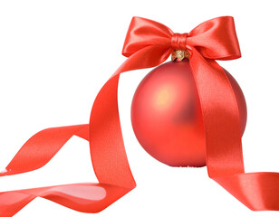 Festive red christmas ornament with a satin bow isolated on transparent background, holiday decoration