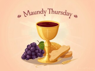 Maundy thursday chalice with wine bread and grapes illustration
