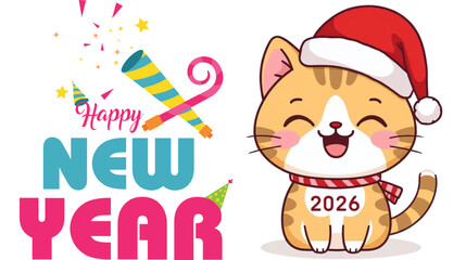 A Cute Cartoon Cat Wearing A Santa Hat And Scarf Celebrates The Happy New Year Season
