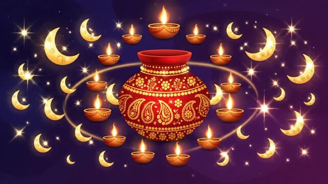 Karva Chauth Festival Background Decoration Kalash Diya Moon Stars