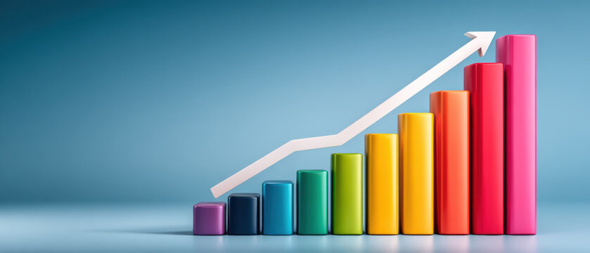 Colorful ascending bar chart with upward arrow showing growth and optimism