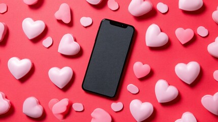 A black smartphone lies on a vibrant red surface surrounded by pink heart-shaped decorations. The scene conveys a romantic theme, ideal for Valentine's Day.