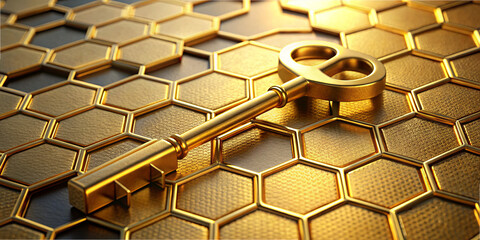 Golden key lies on a hexagonal honeycomb pattern, illuminated by soft lighting. The shiny surfaces create a striking visual contrast, inviting curiosity and intrigue