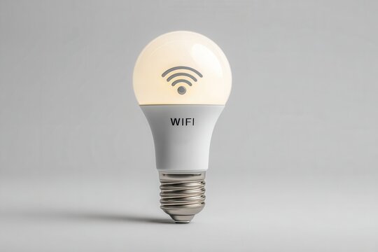 Illuminating modern innovation, a sleek white lightbulb glows with a prominent WiFi symbol, signaling smart home connectivity and future tech. - Powered by Adobe