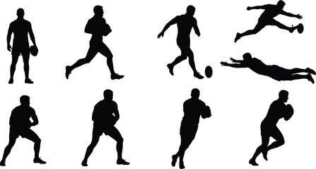 Rugby Players Silhouettes Set Running Kicking and Diving for Try Vector Illustration Isolated on White