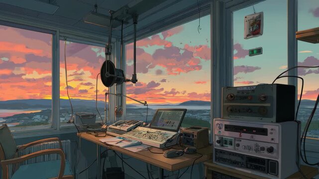 Chill lofi radio studio with ocean view at sunset capturing tranquil moments and creative energy in a serene setting