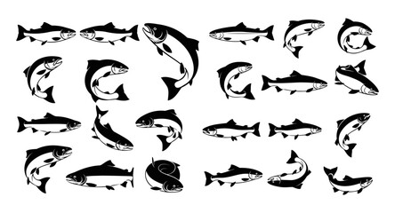 Naklejka premium Collection of leaping salmon fish silhouettes in various dynamic