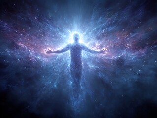 Cosmic meditation still human form radiating energy waves synchronize with stars and nebulae