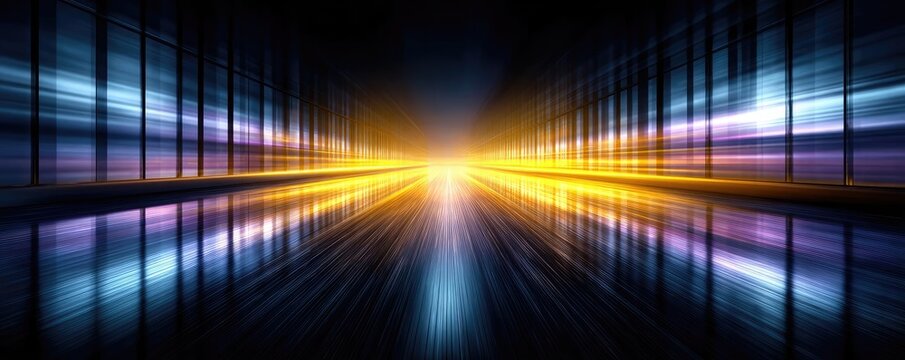 Abstract blurred studio view at tv station concept. Futuristic abstract light tunnel with vibrant colors and reflections.