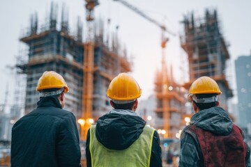 Team of diverse specialists inspecting commercial construction site at dusk with cranes operating and scaffolding in view