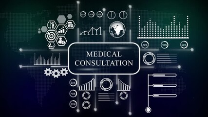 Medical Consultation Digital Infographic With Global Network Keywords: medical consultation. concept with icons and world map. Business, technology, modern technology concept. - Powered by Adobe