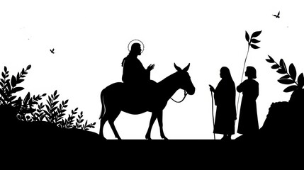 Biblical silhouette of jesus riding a donkey with two figures