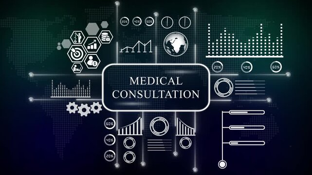 Medical Consultation Digital Infographic With Global Network Keywords: medical consultation. concept with icons and world map. Business, technology, modern technology concept. - Powered by Adobe