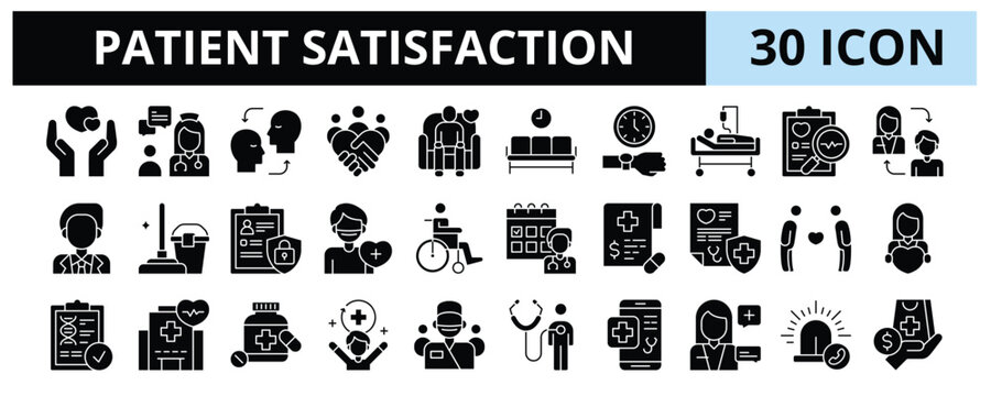 30 Patient Satisfaction Glyph Icons Vector - Care, Communication, Empathy, Trust, Treatment, Diagnosis, Follow Up, Professionalism, Health Service