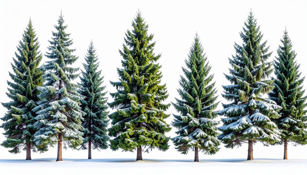 Pine trees in winter isolated on white background with clipping path; nature object
