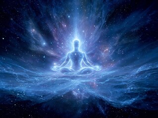 Cosmic meditation still human form radiating energy waves synchronize with stars and nebulae