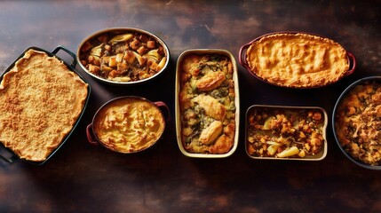 Assorted Homemade Casseroles with Golden Crusts. Generative AI