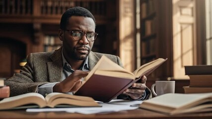 Focused academic in vintage library immersed in intense reading session