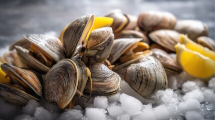 Fresh clams on ice with lemon wedges close up. Generative AI