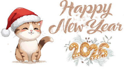 A Festive Watercolor Illustration Of A Cat With A Santa Hat Wishing Happy New Year
