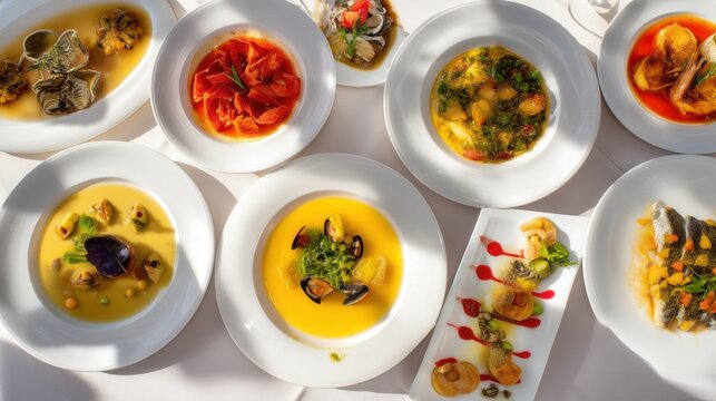 Elegant assortment of gourmet Mediterranean dishes on white plates. Generative AI