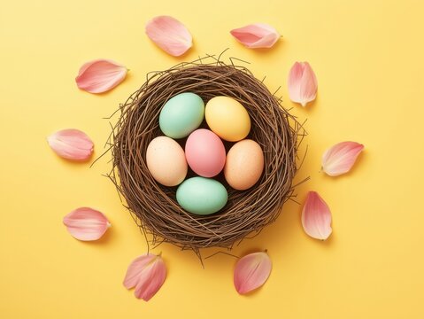 Easter nest with pastel eggs and pink flower petals on yellow background - Powered by Adobe