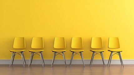 Obraz premium empty chairs against a solid color wall waiting for job candidates for job interviews. One chair has spotlight on it making it stand out from the rest