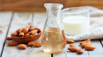 Almond oil in a glass bottle with raw almonds. Generative AI
