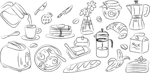 Breakfast food and drink line art collection for menu design and illustration.