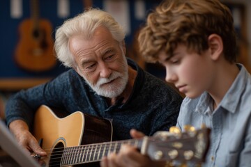 Elderly professor guides young student through guitar lessons in cozy music room during afternoon session