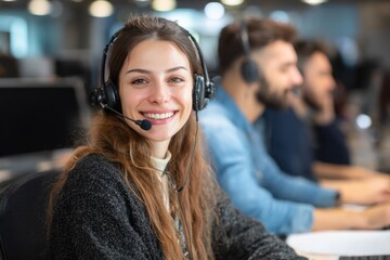 Smiling call center operator providing customer support in a modern office environment during daylight hours