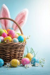 Easter basket filled with colorful eggs and bunny ears on a light blue background