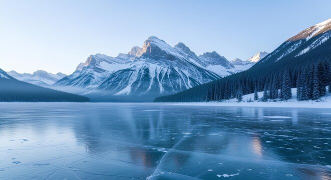 Frozen lake reflects snow-capped mountains and evergreen trees under a clear blue sky. - Powered by Adobe