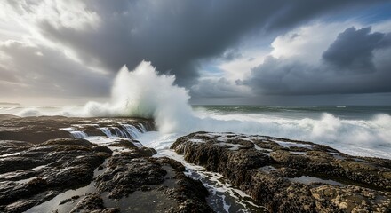 Obraz premium Ocean waves crashing against rocky shore under a dramatic sky, creating a dynamic and powerful coastal scene.