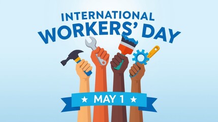 International workers day celebration with diverse hands holding tools