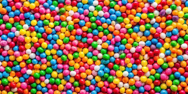 A variety of small, round candy beads in multiple colors scatter across a flat surface. The bright shades create a lively, festive atmosphere, perfect for sweet treats