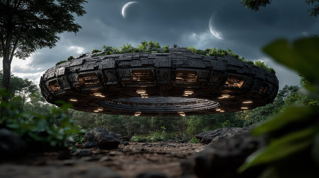Massive Dark UFO Spaceship Hovering Over a Forest with Twin Moons in the Sky