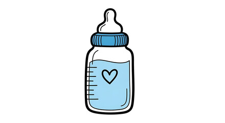 Baby bottle filled with water and a heart symbol in blue color  
