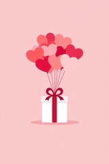 Gift box with a bouquet of heart shaped balloons on a pink background